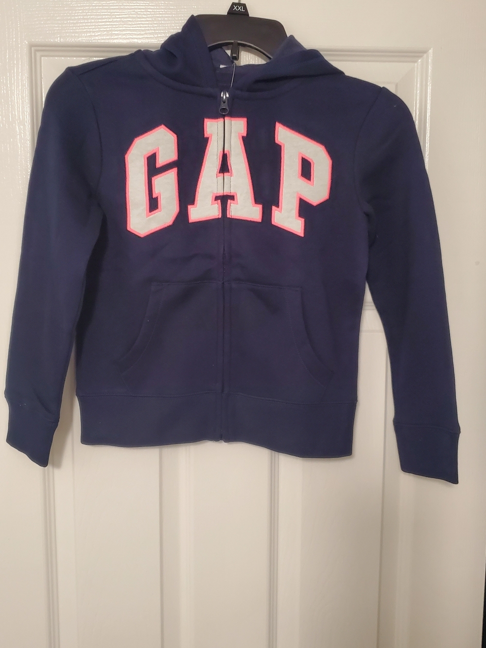 GAP Navy Hoodie with White Letters and Pink Outline